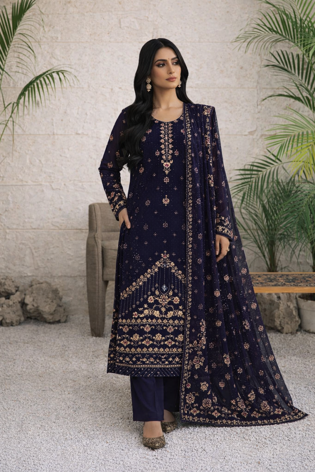 Chiffon Chikenkari Work Embroidery