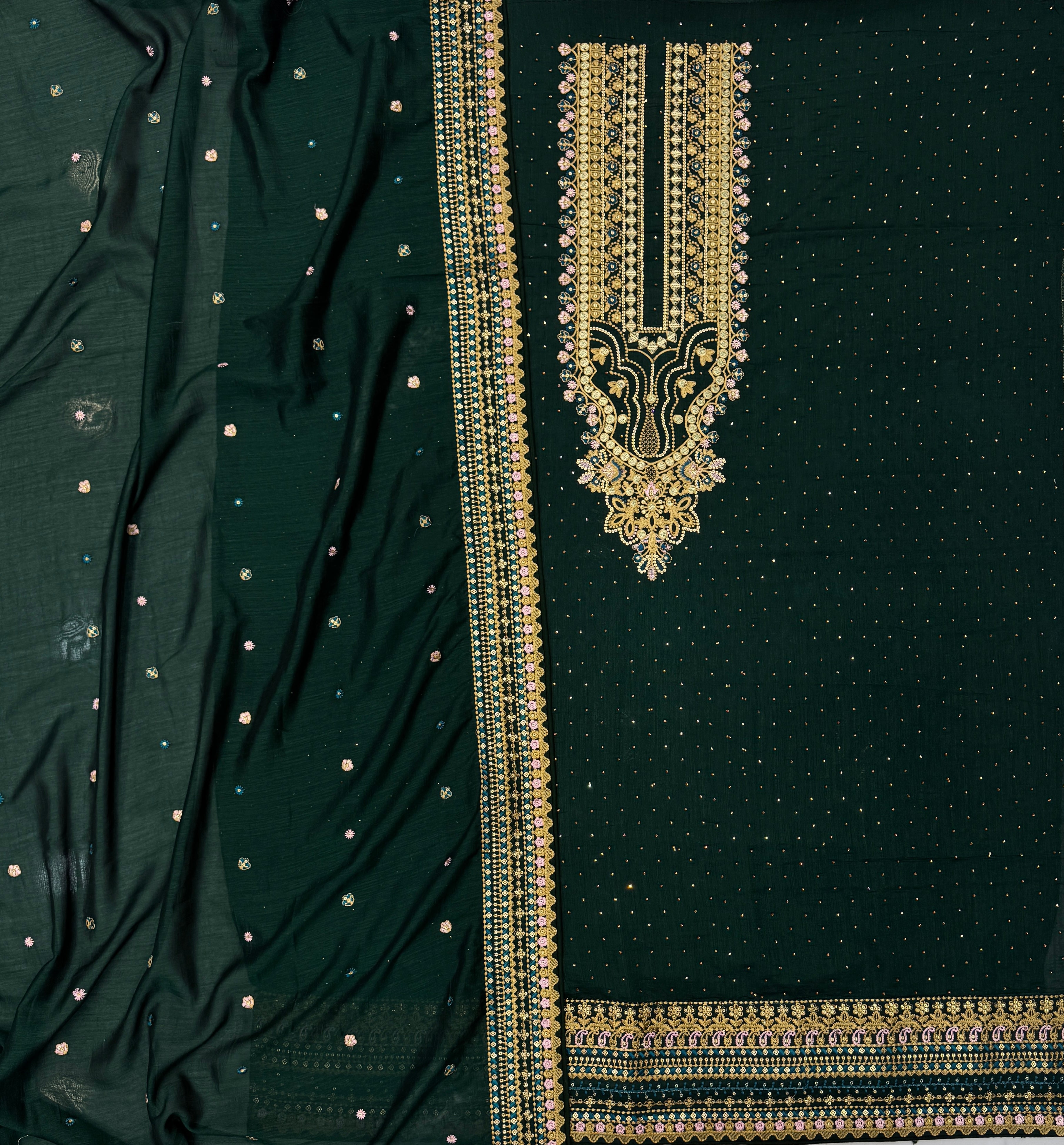 Pure Crape Silk Multi Embroidery Green