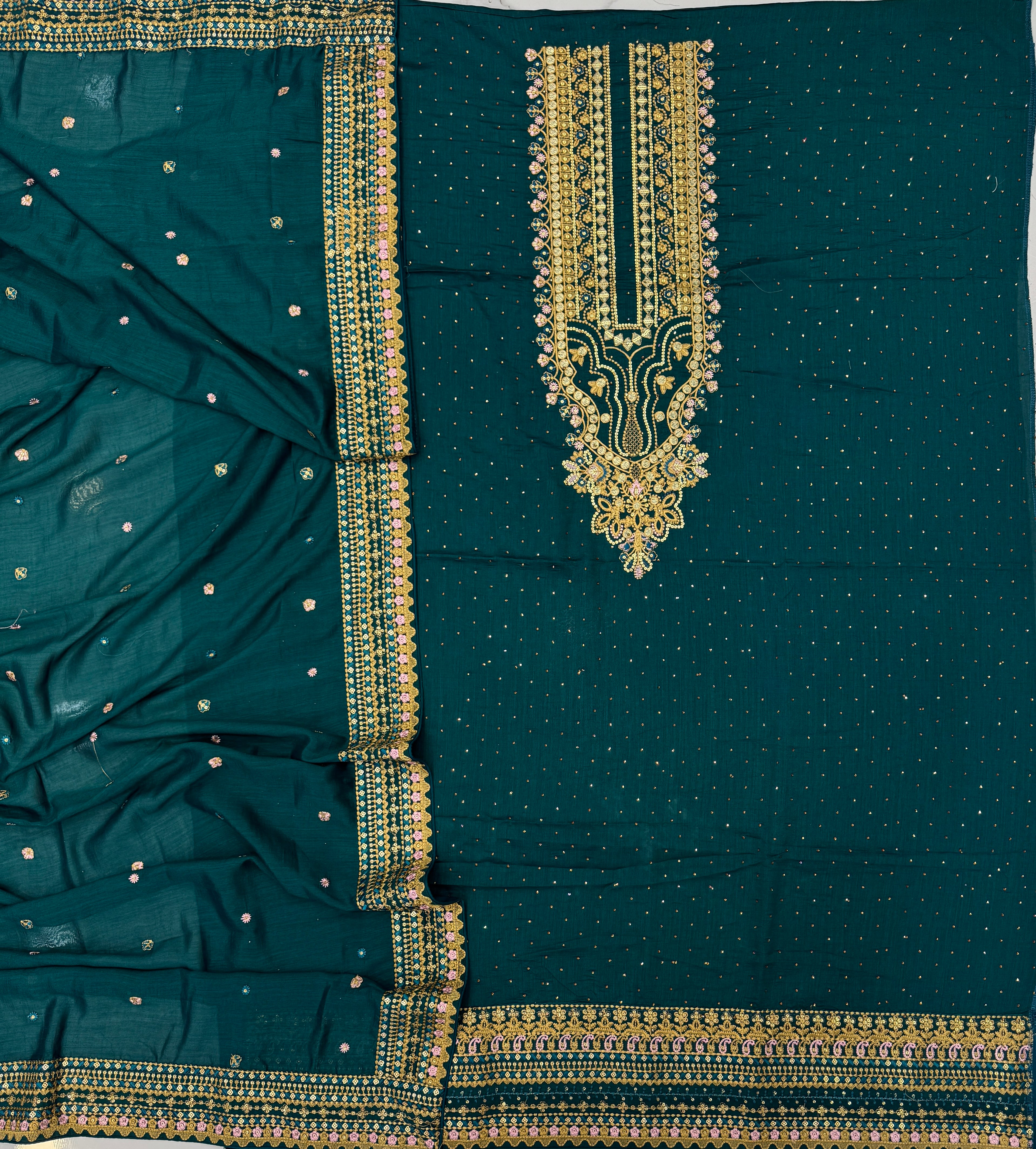 Pure Crape Silk Multi Embroidery Bottle Green