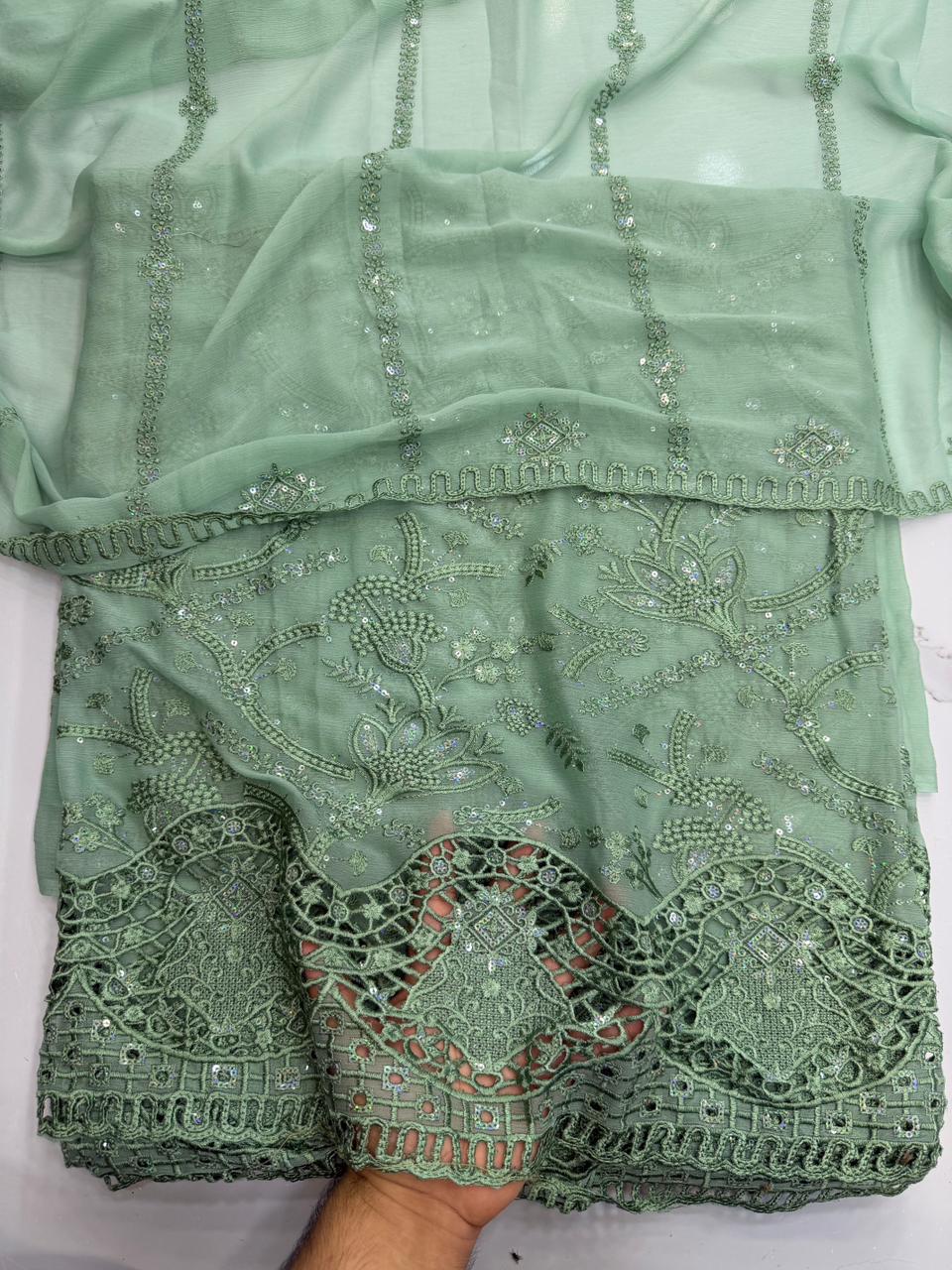 Chiffon chicken kari work 3 Piece Suit