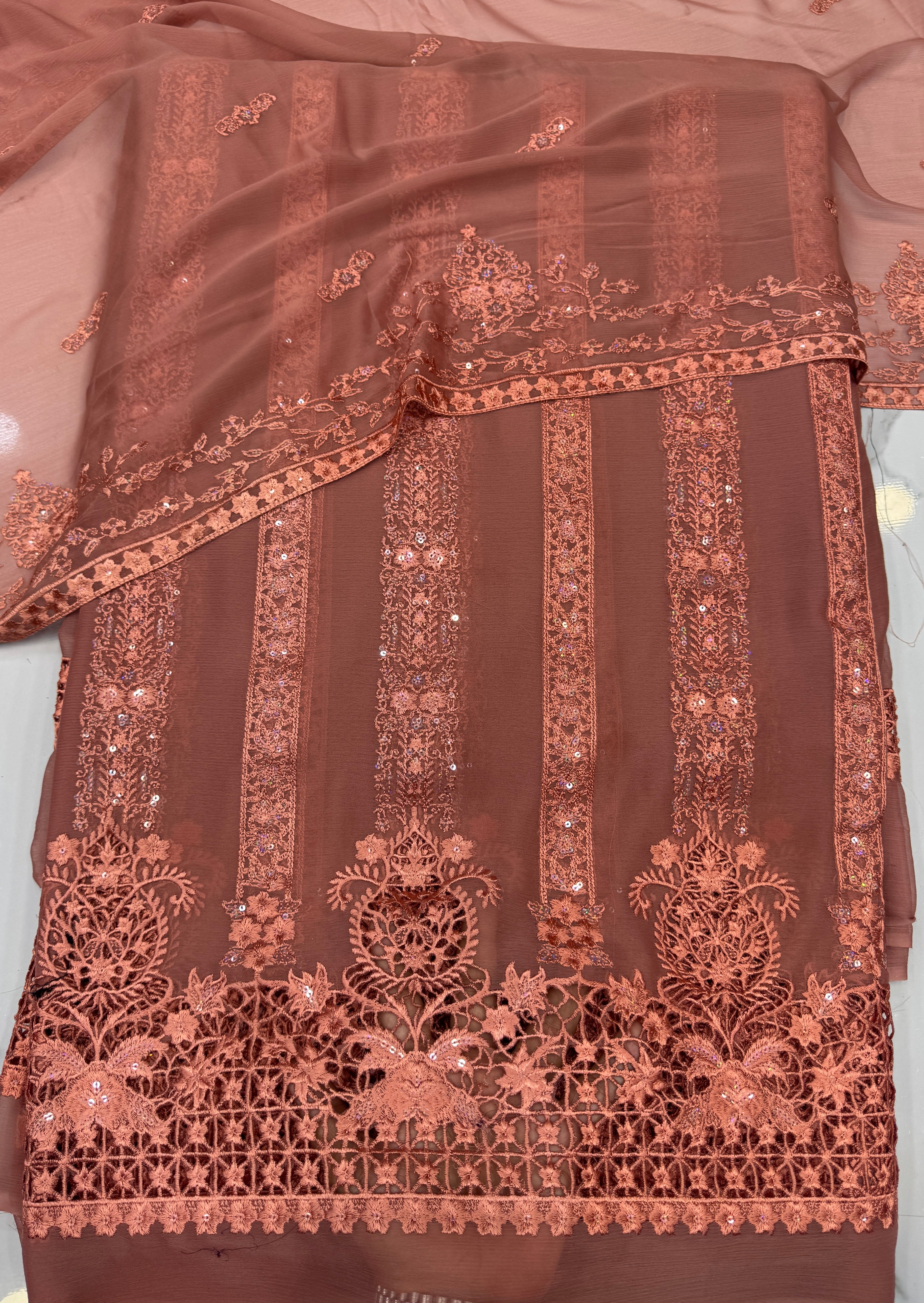 Chiffon Embroidered Chicken kari 3 Piece Suit