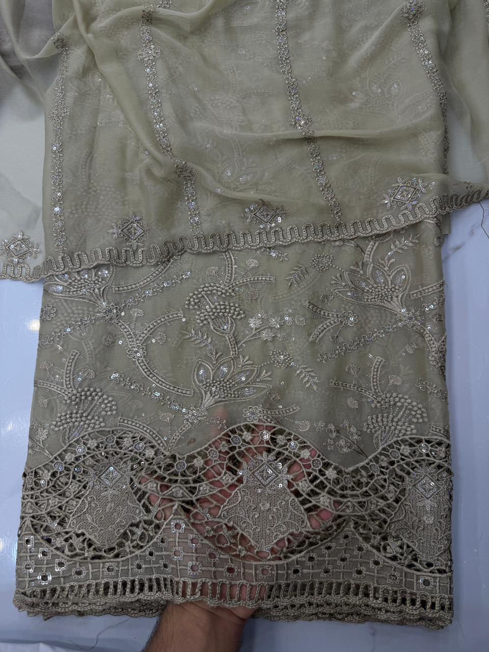 Chiffon chicken kari work 3 Piece Suit