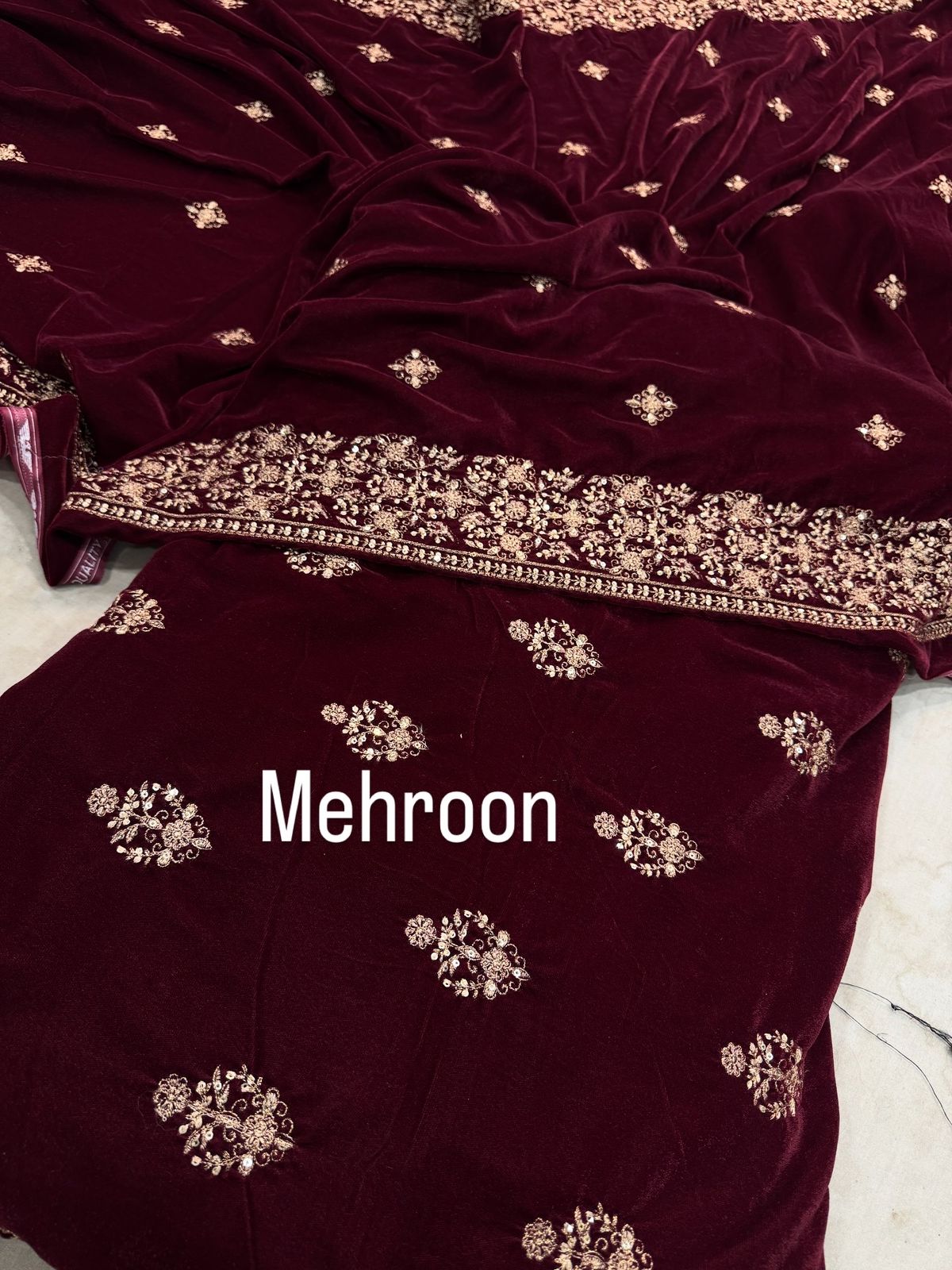 Micro Embroidered Velvet Mehroon