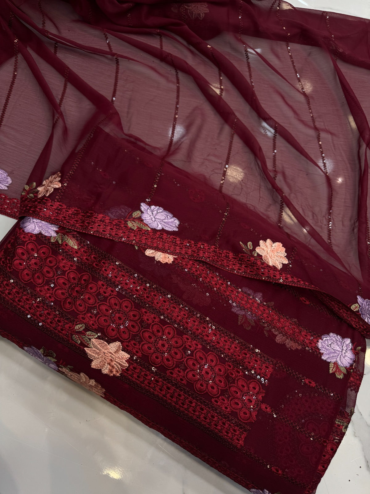 Chiffon Embroidered Red