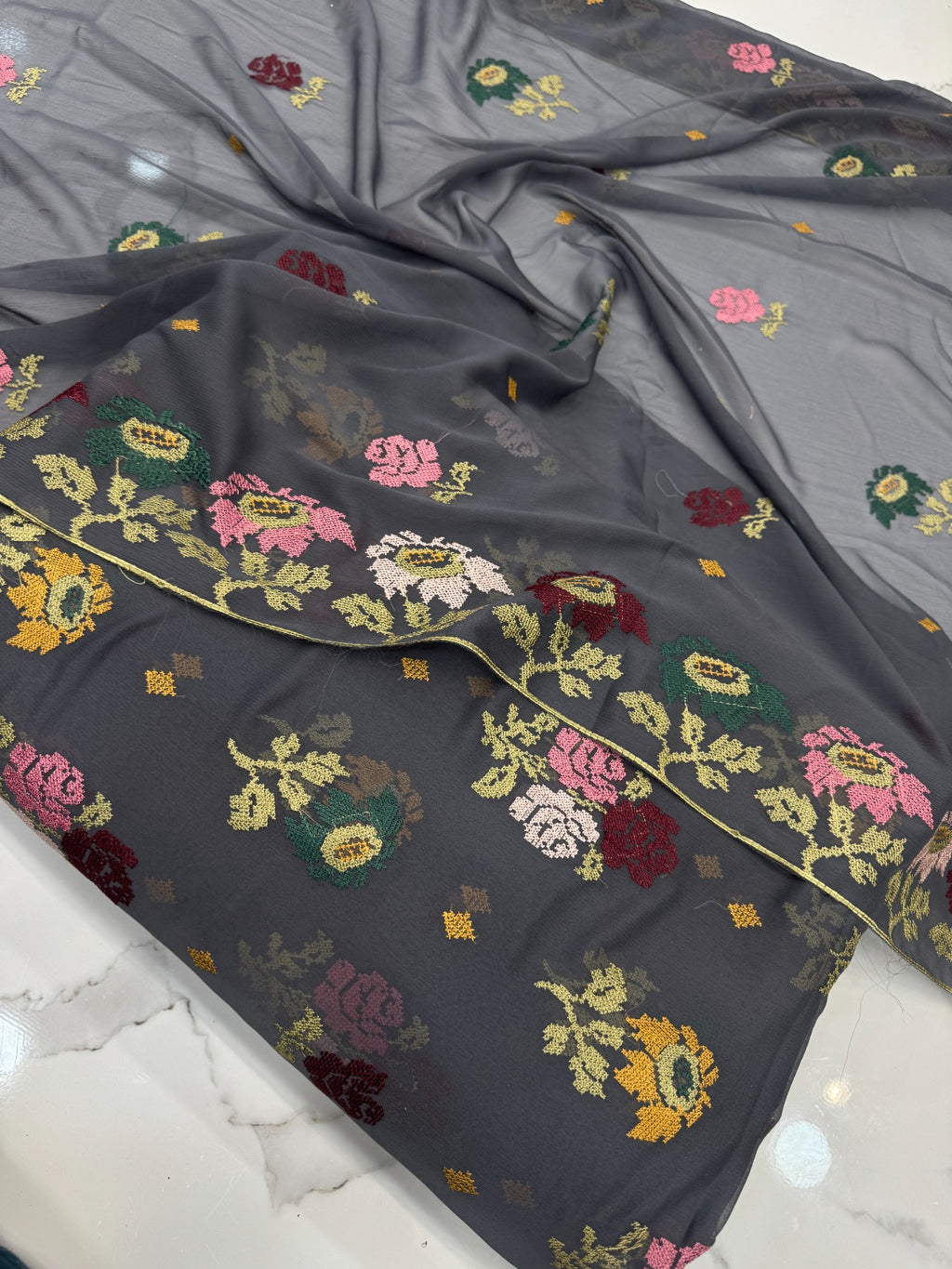 Chiffon Cross Stitch Embroidery Dark Grey