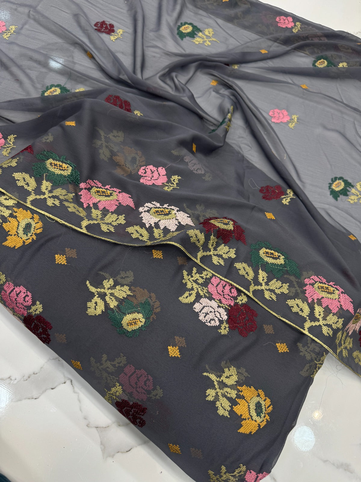 Chiffon Cross Stitch Embroidery Dark Grey