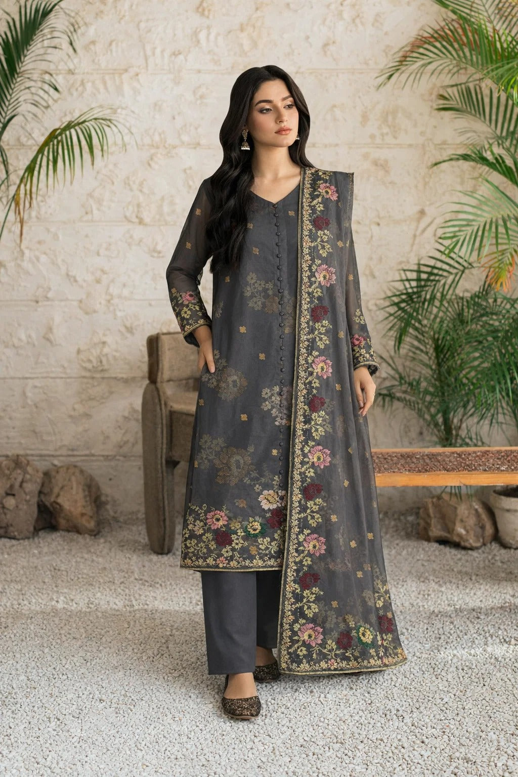 Chiffon Cross Stitch Embroidery Dark Grey