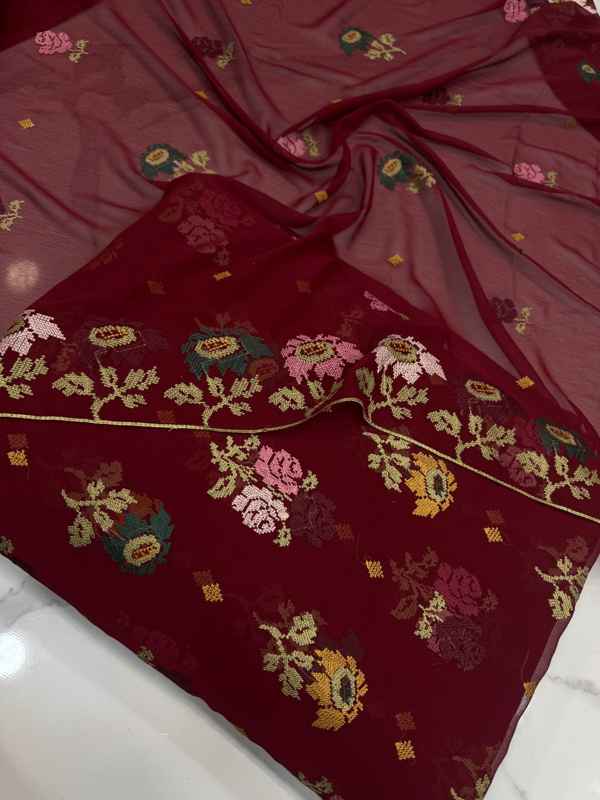 Chiffon Cross Stitch Embroidery Mehroon