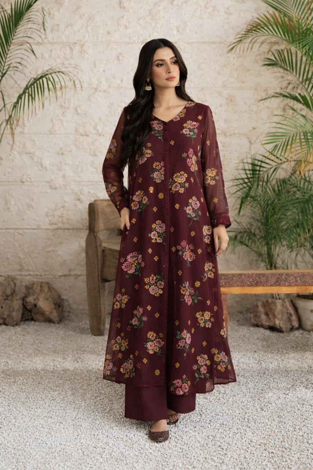 Chiffon Cross Stitch Embroidery Mehroon
