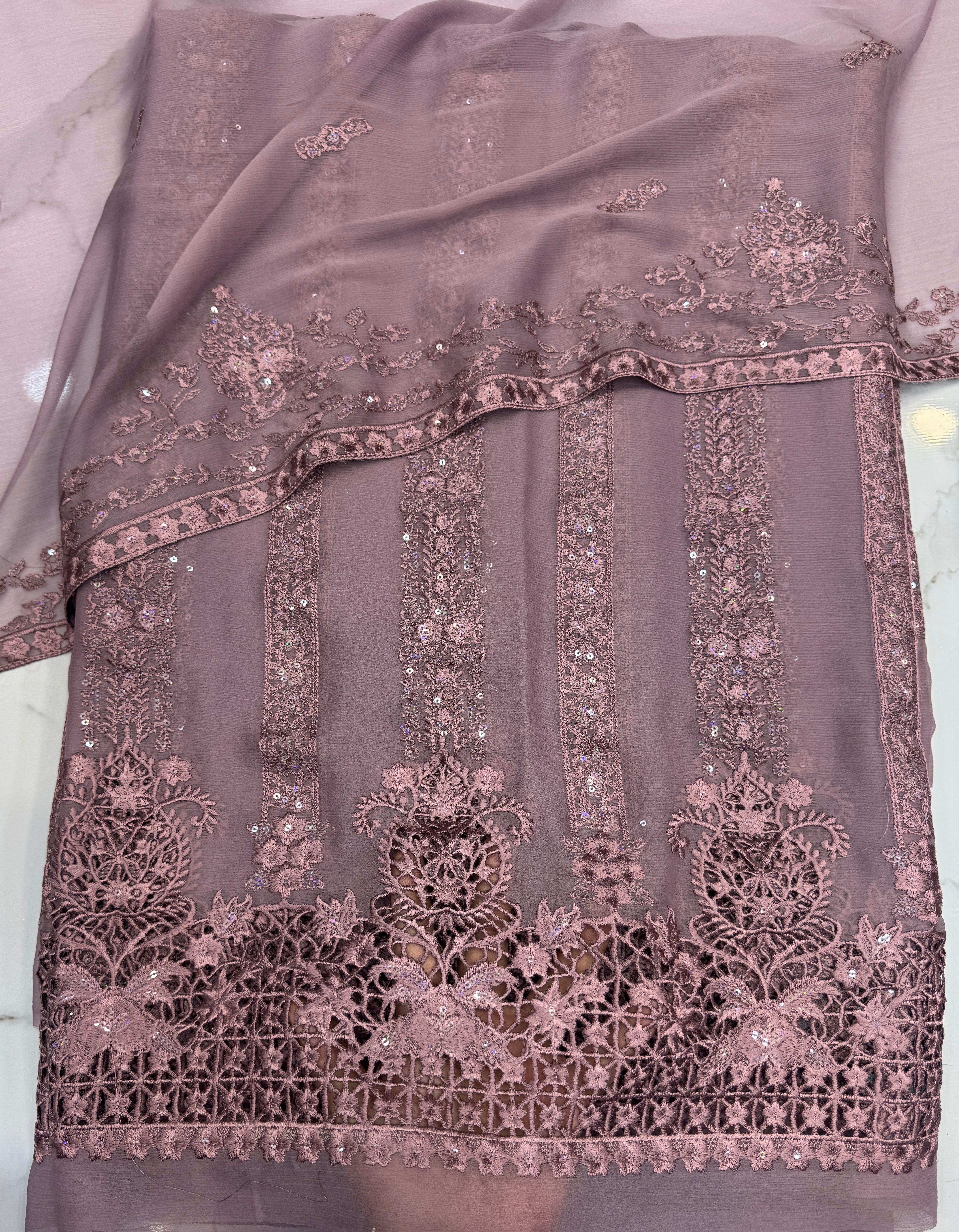 Chiffon Embroidered Chicken kari 3 Piece Suit