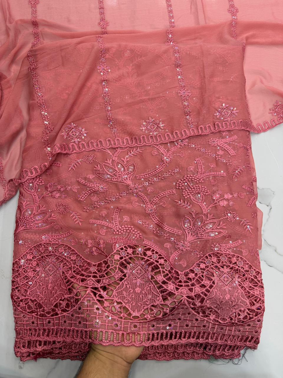 Chiffon chicken kari work 3 Piece Suit