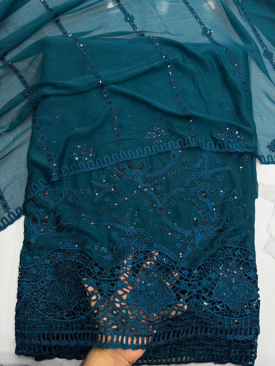 Chiffon chicken kari work 3 Piece Suit